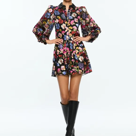Alice + Olivia Multicolor Floral Long Sleeve BERTHA MINI SHIRT DRESS